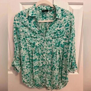 Anthropologie Maeve Islet Green Floral Roll Tab Button Up Blouse XS